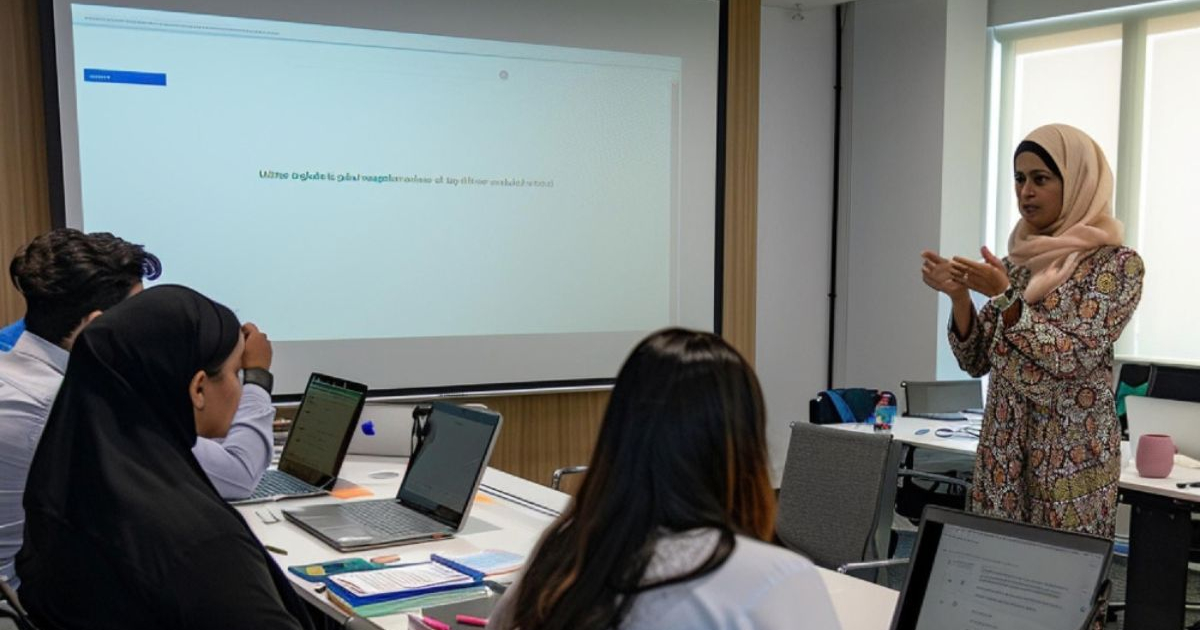 AI content creation training Singapore trainer guiding a learner through an AI design tool in class