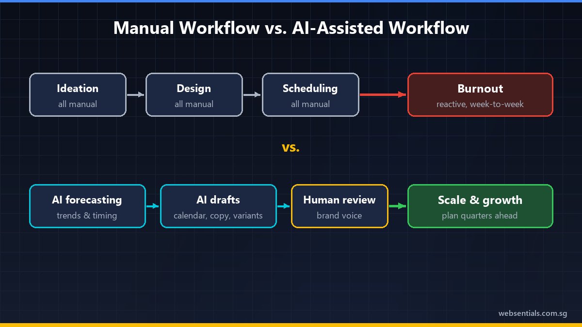 Workflow diagram comparing manual social media marketing that leads to burnout with an AI-assisted workflow that scales Workflow diagram comparing manual social media marketing that leads to burnout with an AI-assisted workflow that scales