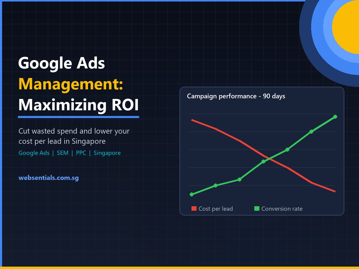 Google Ads management Singapore dashboard showing cost per lead falling and conversion rate rising