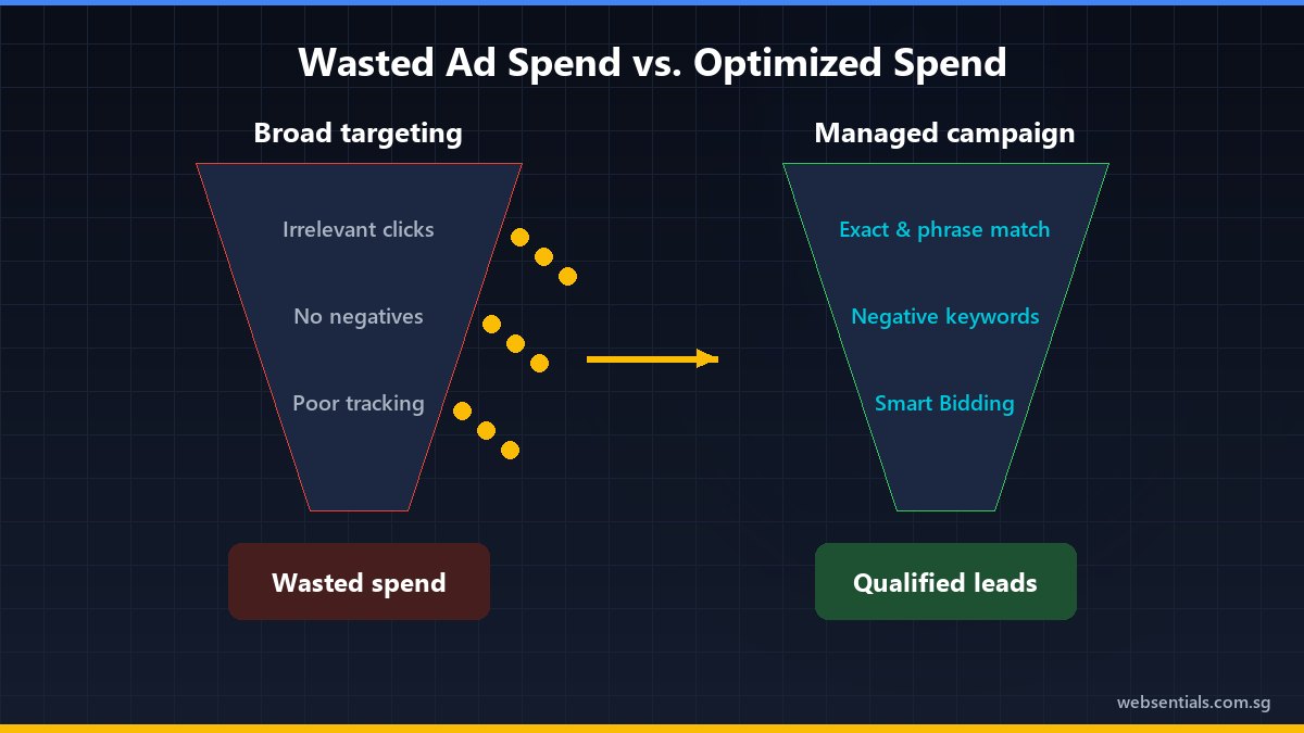 Funnel diagram comparing wasted Google Ads spend from broad targeting with optimized spend from exact match, negative keywords and Smart Bidding