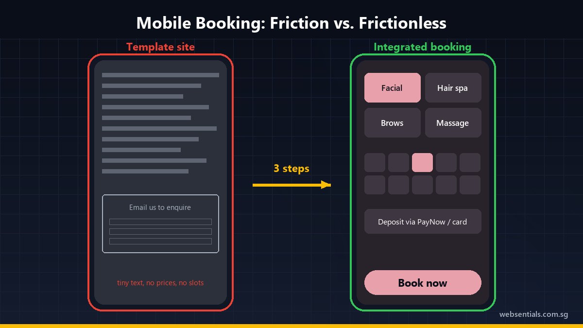 Comparison of a hard-to-use template salon website and an integrated three-step mobile booking flow with deposit payment