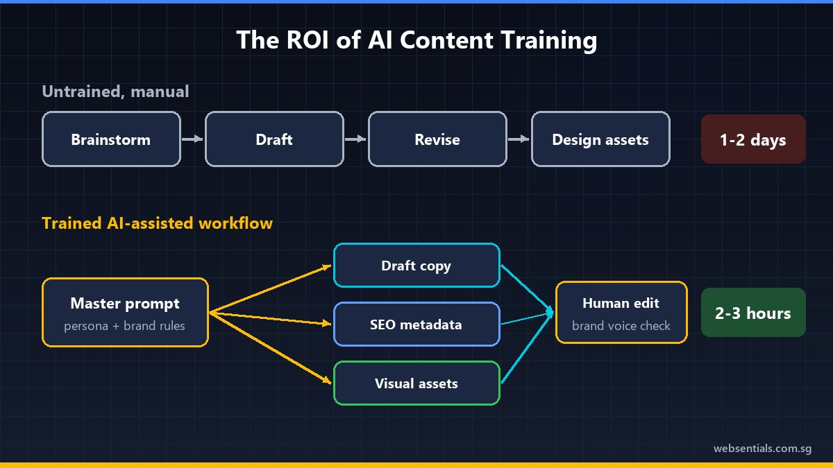 Workflow diagram comparing a 1–2 day manual content process with a 2–3 hour AI-assisted workflow driven by a master prompt